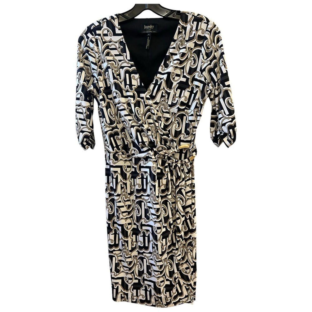 LAUNDRY by Shelli Segal faux vneck wrap dress multicolor black white tan SP